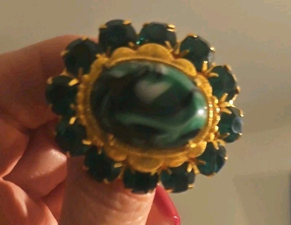 VTG Green Marbled Lucite Brooch Lapel Pin Rhinestone Glam Statement Jewelry